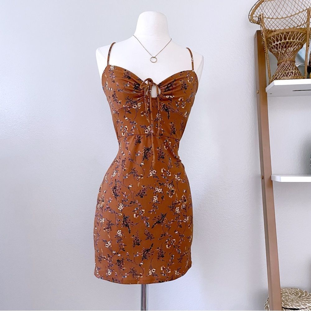 Brown Floral Bodycon Mini Dress